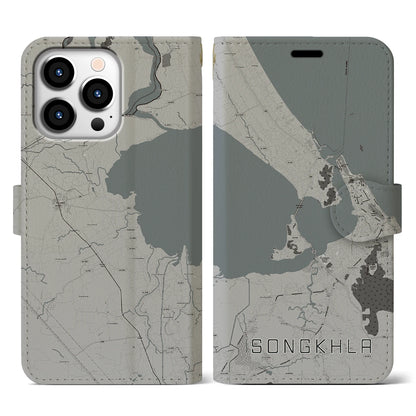 【ソンクラー（タイ）】地図柄iPhoneケース（手帳タイプ）モノトーン・iPhone 13 Pro 用