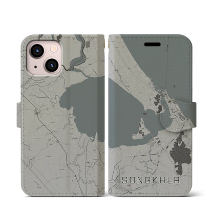 【ソンクラー（タイ）】地図柄iPhoneケース（手帳タイプ）モノトーン・iPhone 13 mini 用