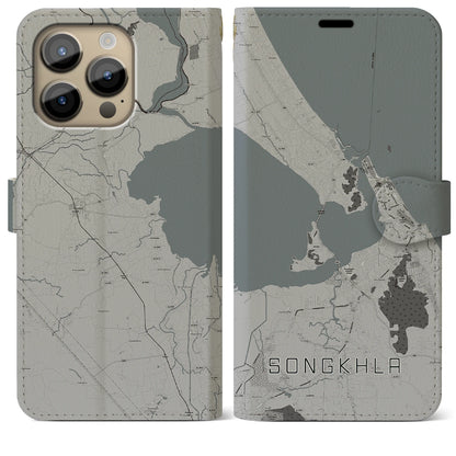 【ソンクラー（タイ）】地図柄iPhoneケース（手帳タイプ）モノトーン・iPhone 14 Pro Max 用
