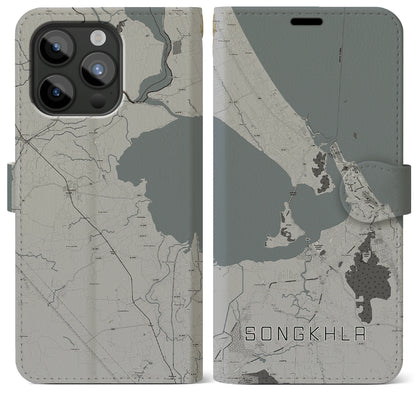 【ソンクラー（タイ）】地図柄iPhoneケース（手帳タイプ）モノトーン・iPhone 15 Pro Max 用