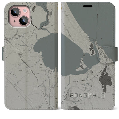 【ソンクラー（タイ）】地図柄iPhoneケース（手帳タイプ）モノトーン・iPhone 15 Plus 用