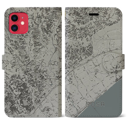 【匝瑳（千葉県）】地図柄iPhoneケース（手帳タイプ）モノトーン・iPhone 11 用