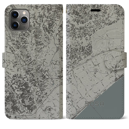 【匝瑳（千葉県）】地図柄iPhoneケース（手帳タイプ）モノトーン・iPhone 11 Pro Max 用