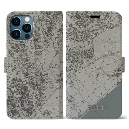 【匝瑳（千葉県）】地図柄iPhoneケース（手帳タイプ）モノトーン・iPhone 12 / 12 Pro 用