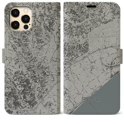 【匝瑳（千葉県）】地図柄iPhoneケース（手帳タイプ）モノトーン・iPhone 12 Pro Max 用