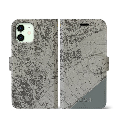 【匝瑳（千葉県）】地図柄iPhoneケース（手帳タイプ）モノトーン・iPhone 12 mini 用