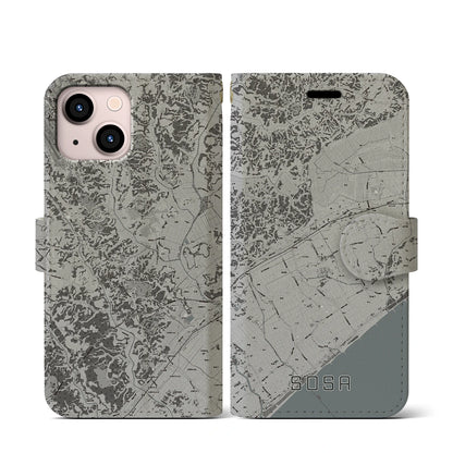 【匝瑳（千葉県）】地図柄iPhoneケース（手帳タイプ）モノトーン・iPhone 13 mini 用