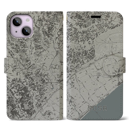 【匝瑳（千葉県）】地図柄iPhoneケース（手帳タイプ）モノトーン・iPhone 14 用