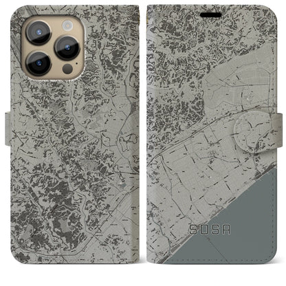 【匝瑳（千葉県）】地図柄iPhoneケース（手帳タイプ）モノトーン・iPhone 14 Pro Max 用