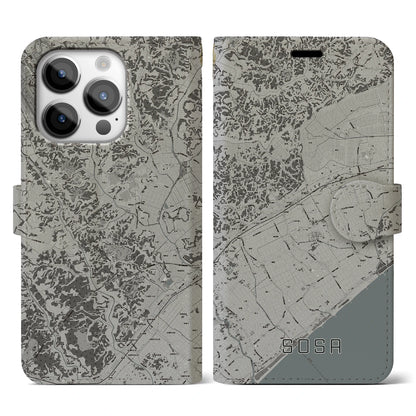 【匝瑳（千葉県）】地図柄iPhoneケース（手帳タイプ）モノトーン・iPhone 14 Pro 用