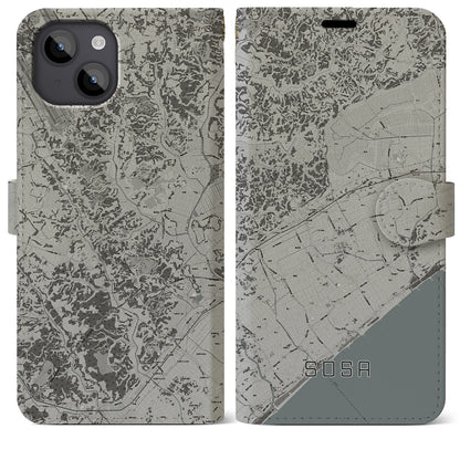 【匝瑳（千葉県）】地図柄iPhoneケース（手帳タイプ）モノトーン・iPhone 14 Plus 用