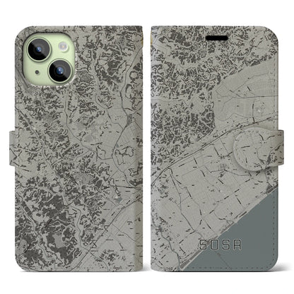 【匝瑳（千葉県）】地図柄iPhoneケース（手帳タイプ）モノトーン・iPhone 15 用