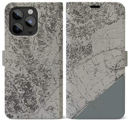 【匝瑳（千葉県）】地図柄iPhoneケース（手帳タイプ）モノトーン・iPhone 15 Pro Max 用