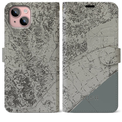 【匝瑳（千葉県）】地図柄iPhoneケース（手帳タイプ）モノトーン・iPhone 15 Plus 用