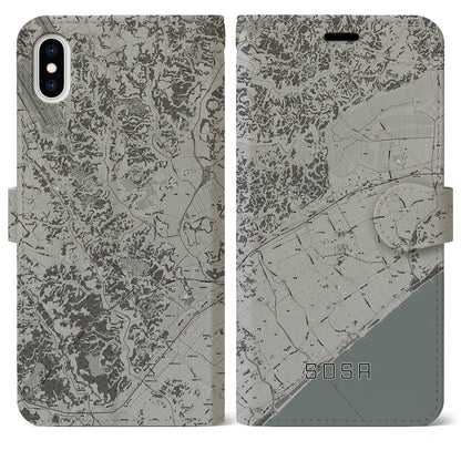 【匝瑳（千葉県）】地図柄iPhoneケース（手帳タイプ）モノトーン・iPhone XS Max 用