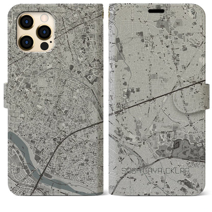 【祖師ヶ谷大蔵（東京都）】地図柄iPhoneケース（手帳タイプ）モノトーン・iPhone 12 Pro Max 用