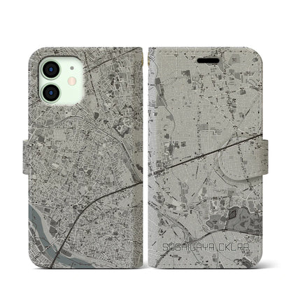 【祖師ヶ谷大蔵（東京都）】地図柄iPhoneケース（手帳タイプ）モノトーン・iPhone 12 mini 用