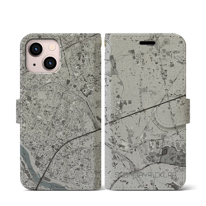 【祖師ヶ谷大蔵（東京都）】地図柄iPhoneケース（手帳タイプ）モノトーン・iPhone 13 mini 用