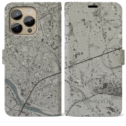 【祖師ヶ谷大蔵（東京都）】地図柄iPhoneケース（手帳タイプ）モノトーン・iPhone 14 Pro Max 用