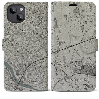 【祖師ヶ谷大蔵（東京都）】地図柄iPhoneケース（手帳タイプ）モノトーン・iPhone 14 Plus 用