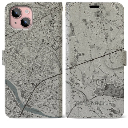 【祖師ヶ谷大蔵（東京都）】地図柄iPhoneケース（手帳タイプ）モノトーン・iPhone 15 Plus 用