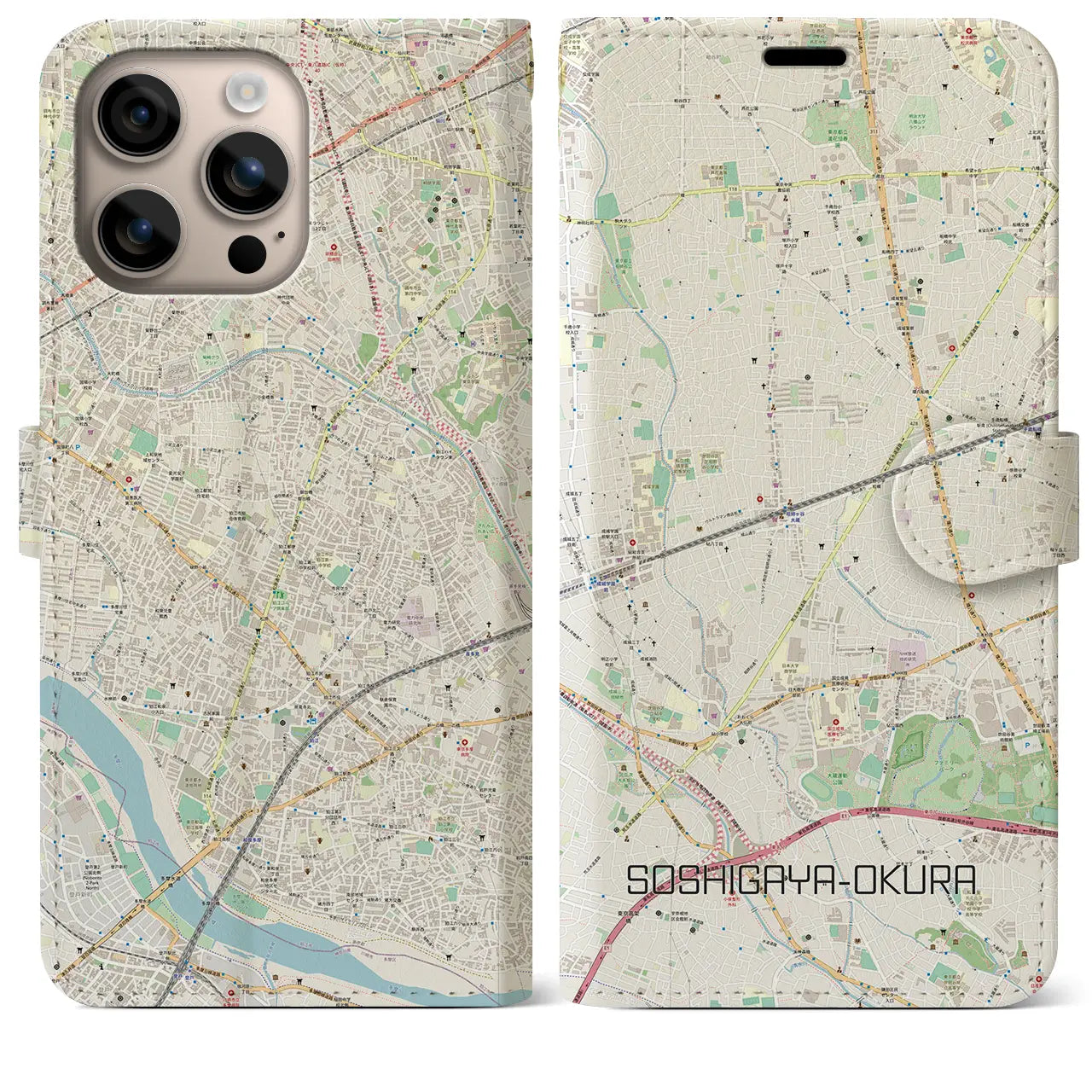 【祖師ヶ谷大蔵（東京都）】地図柄iPhoneケース（手帳タイプ）ナチュラル・iPhone 16 Plus 用