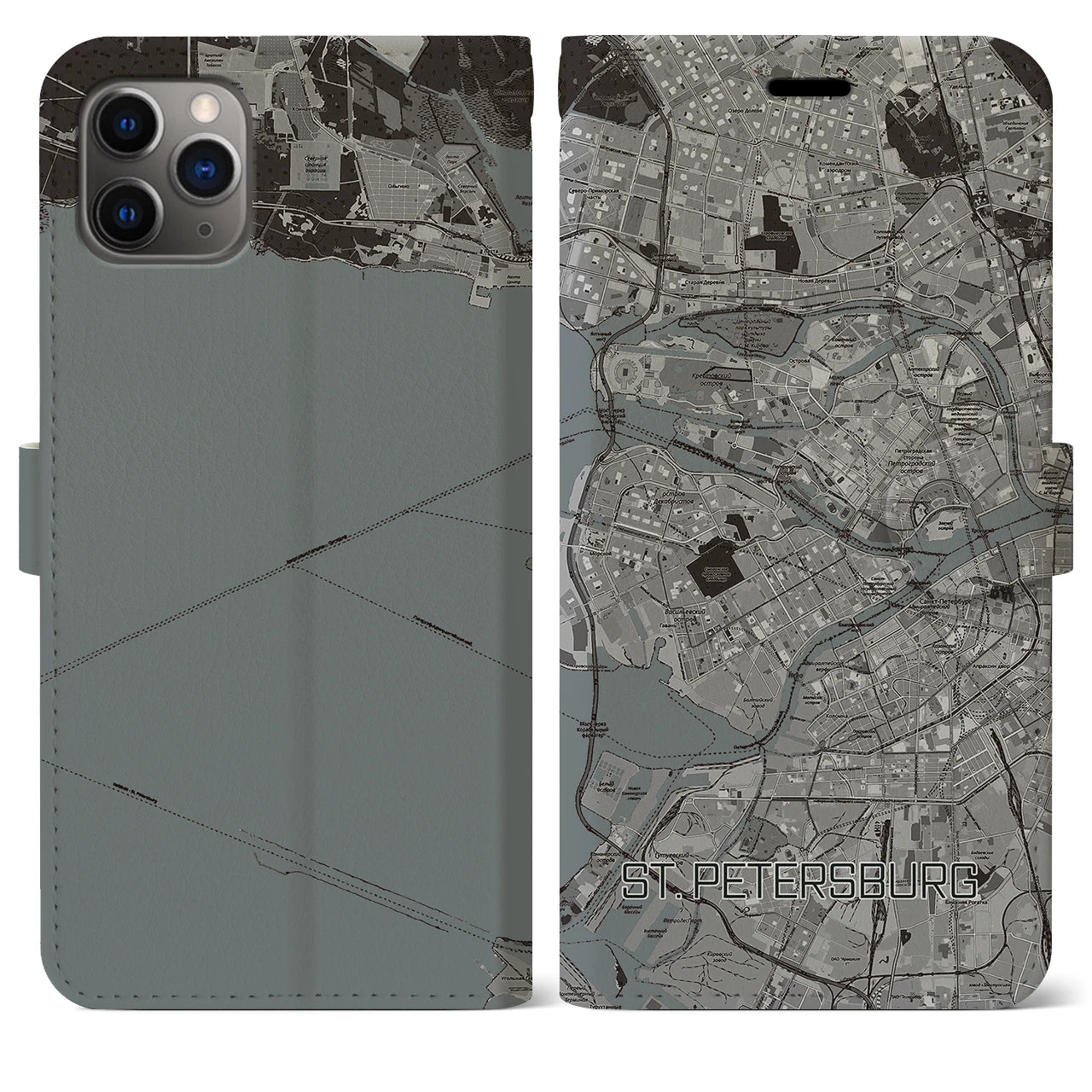 【サンクトペテルブルク】地図柄iPhoneケース（手帳両面タイプ・モノトーン）iPhone 11 Pro Max 用