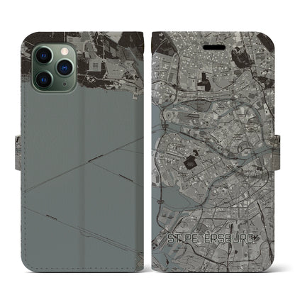 【サンクトペテルブルク（ロシア）】地図柄iPhoneケース（手帳タイプ）モノトーン・iPhone 11 Pro 用