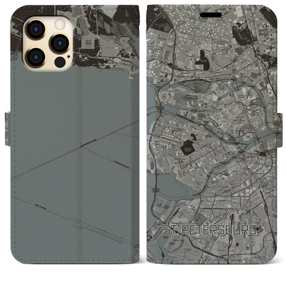 【サンクトペテルブルク（ロシア）】地図柄iPhoneケース（手帳タイプ）モノトーン・iPhone 12 Pro Max 用