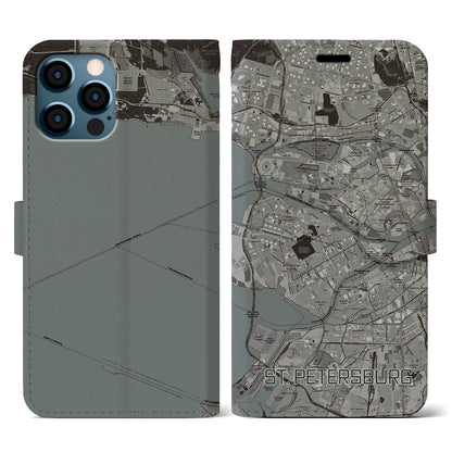 【サンクトペテルブルク（ロシア）】地図柄iPhoneケース（手帳タイプ）モノトーン・iPhone 12 / 12 Pro 用