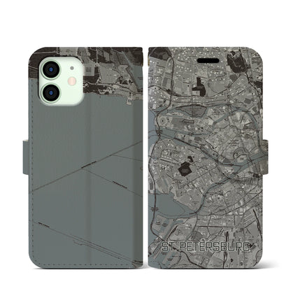 【サンクトペテルブルク（ロシア）】地図柄iPhoneケース（手帳タイプ）モノトーン・iPhone 12 mini 用