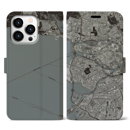 【サンクトペテルブルク（ロシア）】地図柄iPhoneケース（手帳タイプ）モノトーン・iPhone 13 Pro 用