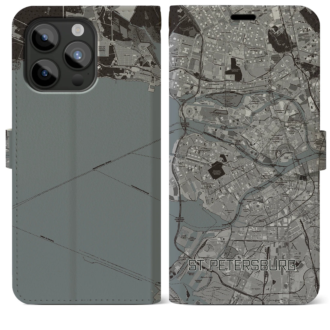 【サンクトペテルブルク】地図柄iPhoneケース（手帳両面タイプ・モノトーン）iPhone 15 Pro Max 用