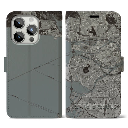 【サンクトペテルブルク（ロシア）】地図柄iPhoneケース（手帳タイプ）モノトーン・iPhone 15 Pro 用