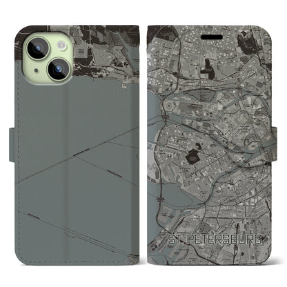 【サンクトペテルブルク（ロシア）】地図柄iPhoneケース（手帳タイプ）モノトーン・iPhone 15 用
