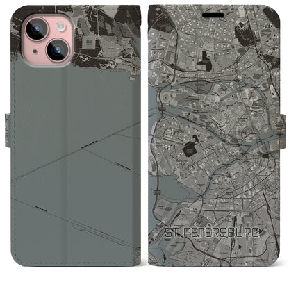 【サンクトペテルブルク（ロシア）】地図柄iPhoneケース（手帳タイプ）モノトーン・iPhone 15 Plus 用