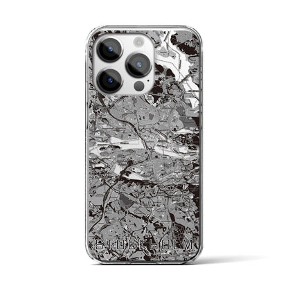 【ストックホルム（スウェーデン）】地図柄iPhoneケース（クリアタイプ）モノトーン・iPhone 14 Pro 用