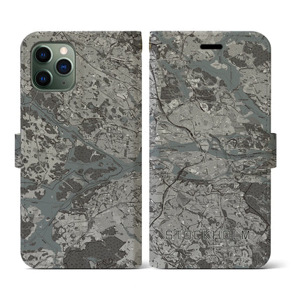 【ストックホルム（スウェーデン）】地図柄iPhoneケース（手帳タイプ）モノトーン・iPhone 11 Pro 用