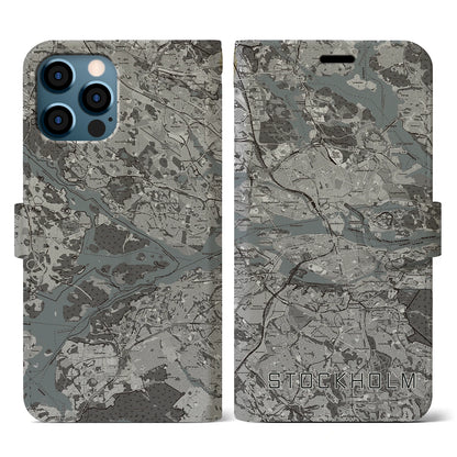 【ストックホルム（スウェーデン）】地図柄iPhoneケース（手帳タイプ）モノトーン・iPhone 12 / 12 Pro 用