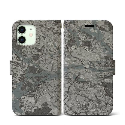 【ストックホルム（スウェーデン）】地図柄iPhoneケース（手帳タイプ）モノトーン・iPhone 12 mini 用