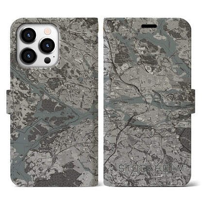 【ストックホルム（スウェーデン）】地図柄iPhoneケース（手帳タイプ）モノトーン・iPhone 13 Pro 用