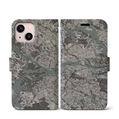 【ストックホルム（スウェーデン）】地図柄iPhoneケース（手帳タイプ）モノトーン・iPhone 13 mini 用