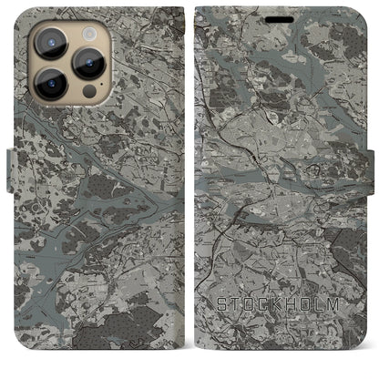 【ストックホルム（スウェーデン）】地図柄iPhoneケース（手帳タイプ）モノトーン・iPhone 14 Pro Max 用