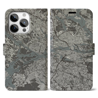 【ストックホルム（スウェーデン）】地図柄iPhoneケース（手帳タイプ）モノトーン・iPhone 14 Pro 用