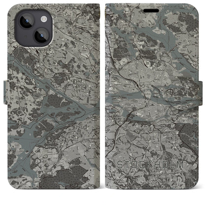 【ストックホルム（スウェーデン）】地図柄iPhoneケース（手帳タイプ）モノトーン・iPhone 14 Plus 用