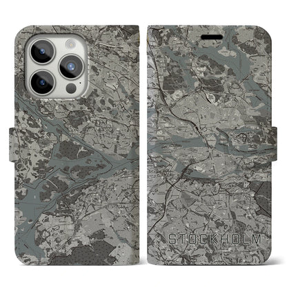 【ストックホルム（スウェーデン）】地図柄iPhoneケース（手帳タイプ）モノトーン・iPhone 15 Pro 用