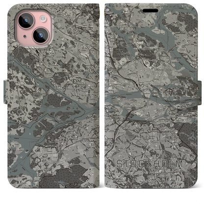 【ストックホルム（スウェーデン）】地図柄iPhoneケース（手帳タイプ）モノトーン・iPhone 15 Plus 用