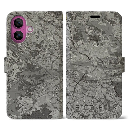 【ストックホルム（スウェーデン）】地図柄iPhoneケース（手帳タイプ）モノトーン・iPhone 16 Pro 用