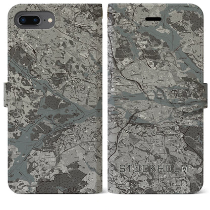 【ストックホルム（スウェーデン）】地図柄iPhoneケース（手帳タイプ）モノトーン・iPhone 8Plus /7Plus / 6sPlus / 6Plus 用