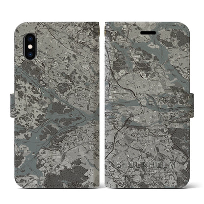 【ストックホルム（スウェーデン）】地図柄iPhoneケース（手帳タイプ）モノトーン・iPhone XS / X 用